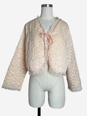 Vintage Softness for Avon peach pink quilted lace trim ribbon house jacket M